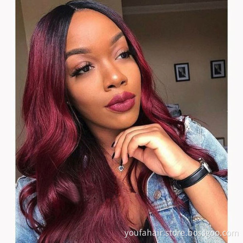 Wholesale Price Brazilian Virgin Human Hair Colorful Ombre 1b/burgundy Hair Bundles Wine Red Remy Hair Extension with Closure